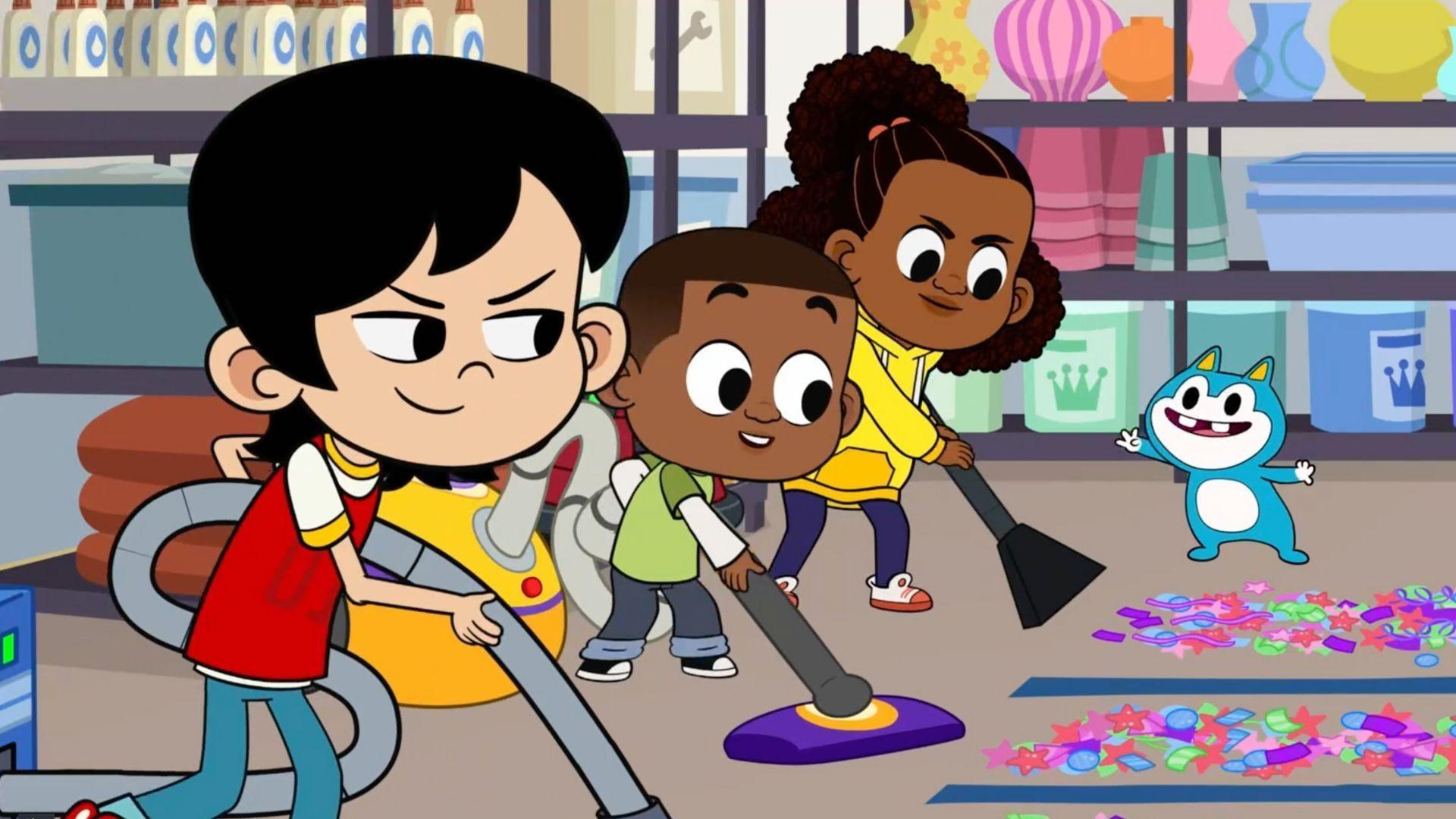 Luke, Lyla, and Everett test vacuums. / Lyla makes cookies using substituted ingredients.