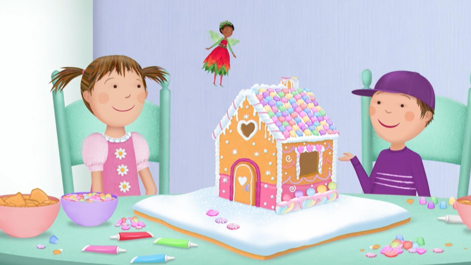 Pinkalicious & Peter build a gingerbread house. / It’s time to decorate the Christmas tree