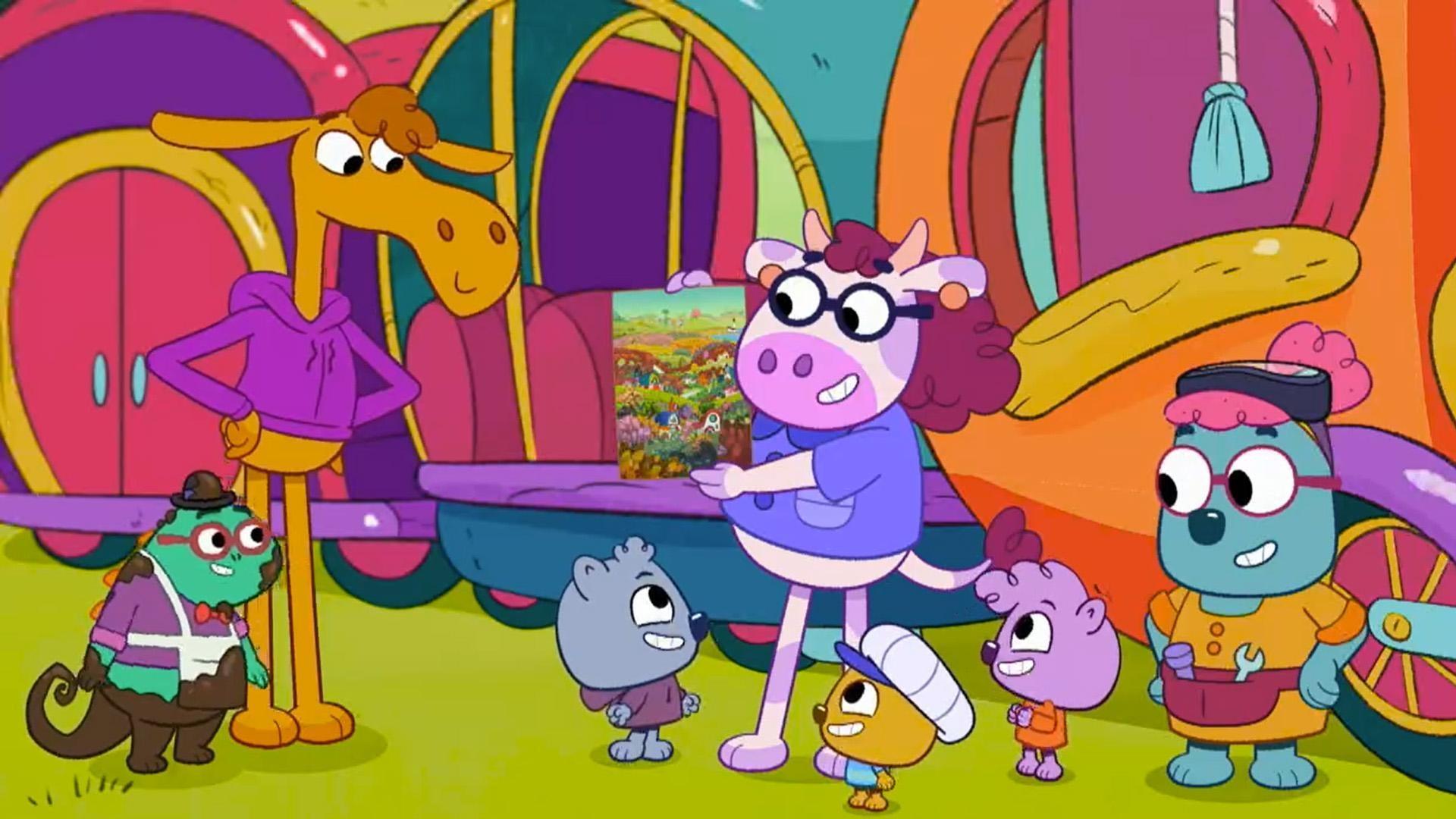 The Wombats help unstick a stuck train. / The Wombats bravely venture to Bellyflop
Lake.