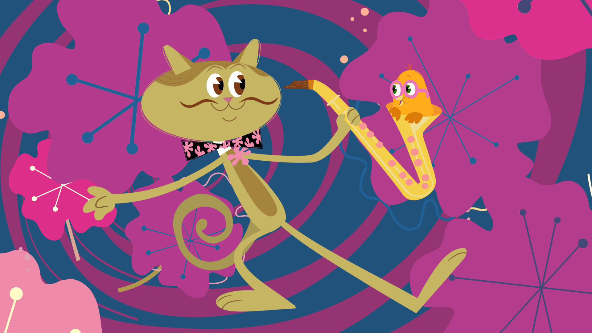 Rooster's friend Cat Calloway shows the Chick-a-Dees how wind instruments work.