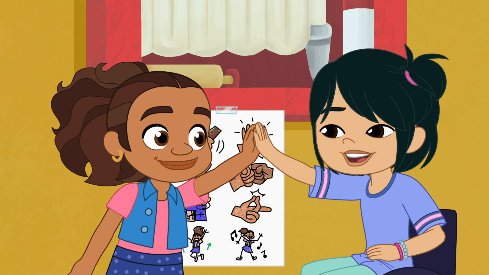 Alma searches for the best way to greet others. / Junior is shy around his new kid-sitter.